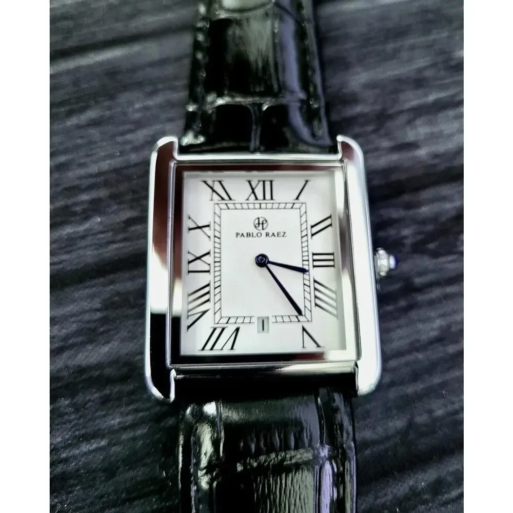 Pablo Raez Mens Silver‎ Tank Swiss Style Watch 40mm Large
